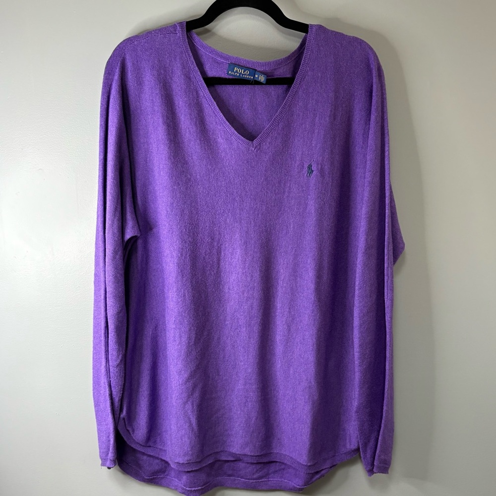 Ralph Lauren Oversized Flowy Knit Lightweight V-Neck Sweater Purple Long Sleeve